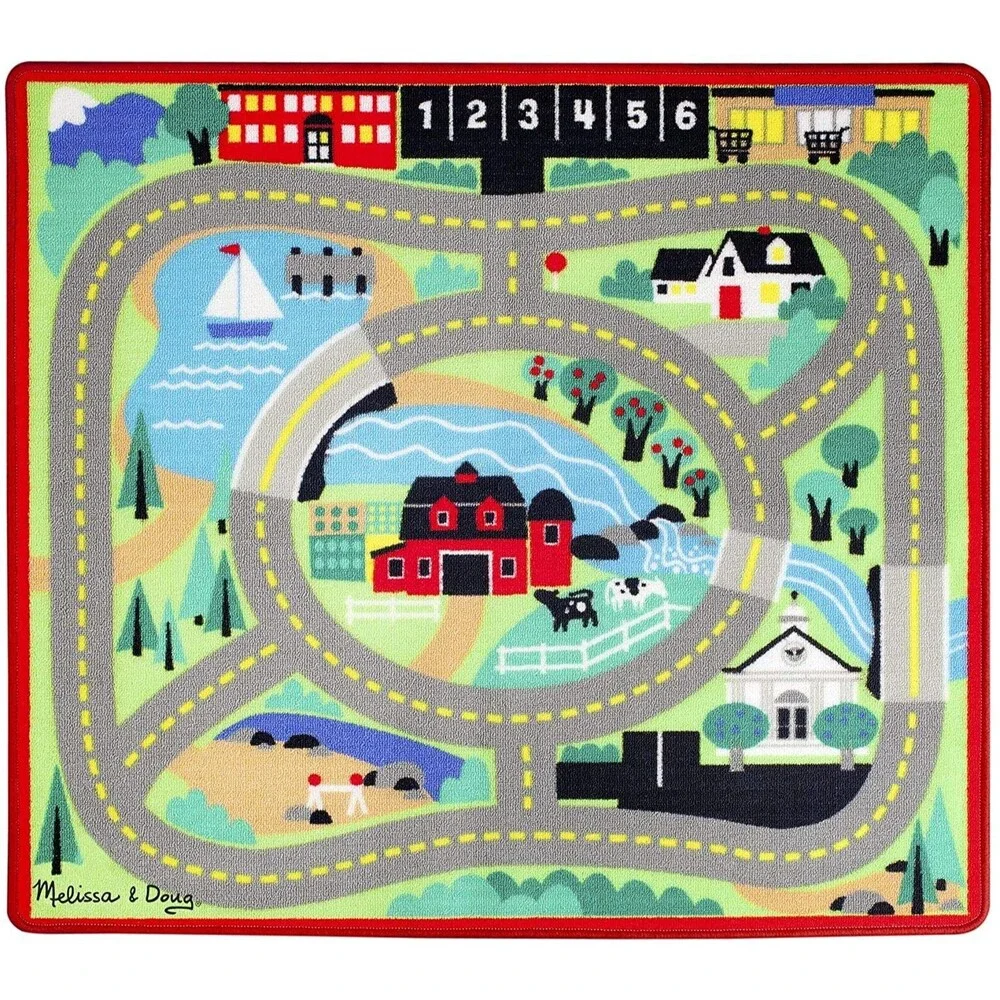 Melissa & Doug Round the Town Road Activity Rug w/ 4 Wood Cars 39x36